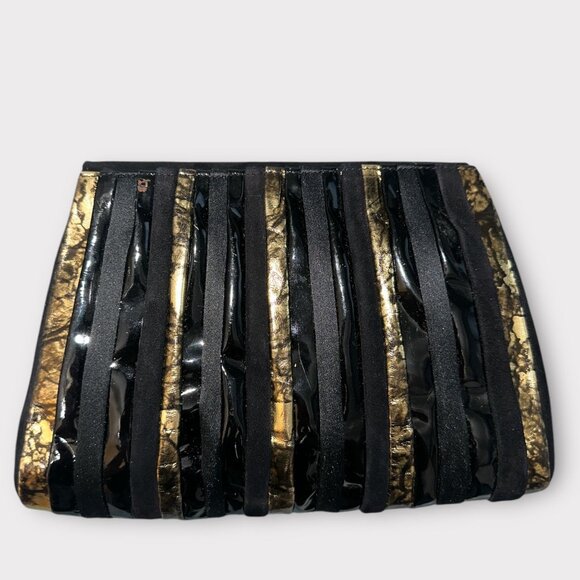 Bycks Evening Bag Black Velvet Clutch Gold Striped Front Bow Shoulder VTG 80s - Picture 4 of 8